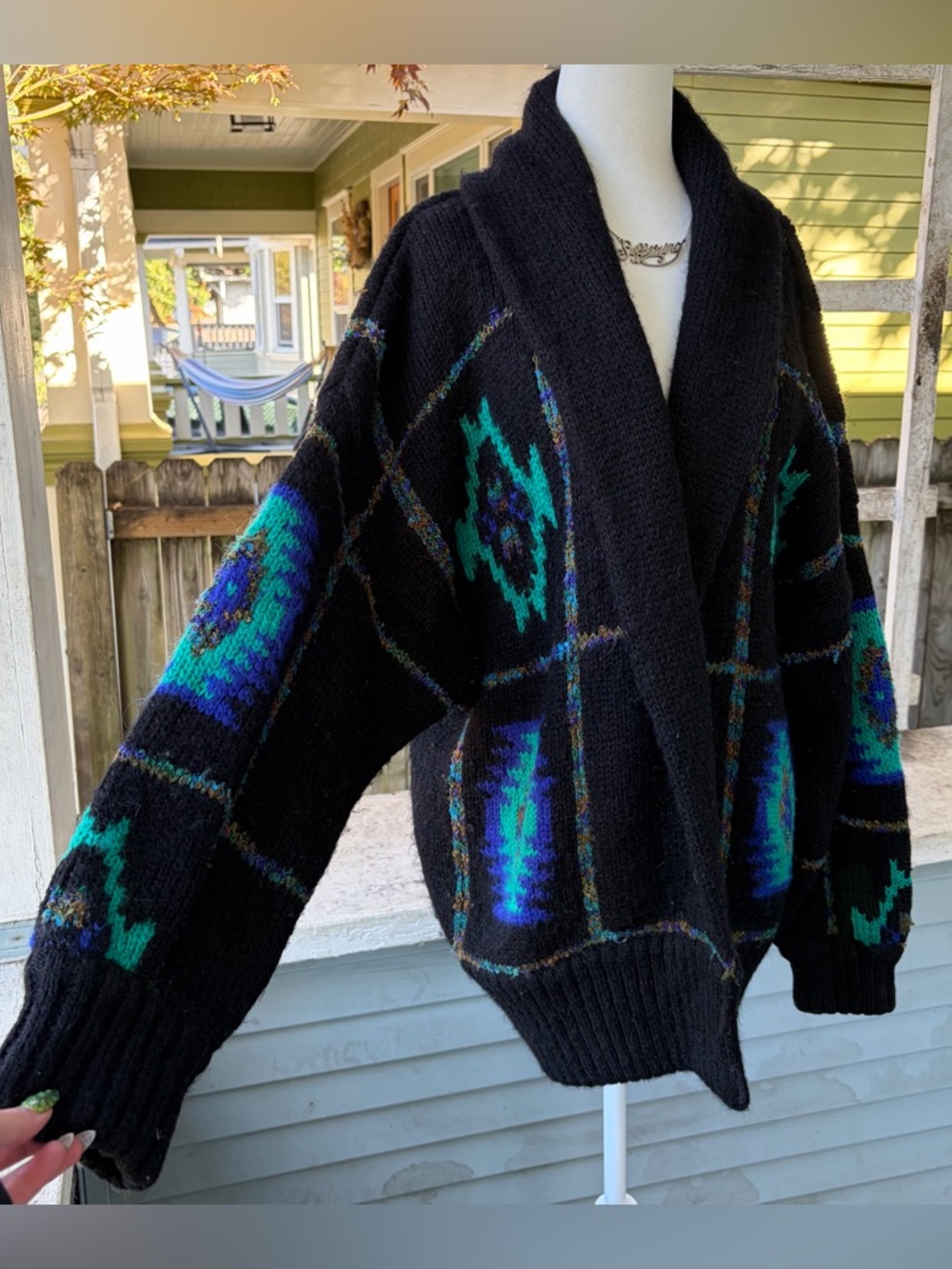 Vintage 90s Black and Turquoise Chunky Southwestern Cardigan